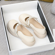 Round Head Small Leather Shoes Woman Little Crowd Design Feeling White Coarse Heel Pearl Mary Rare Shoes Fall Genuine Leather With Lefu Shoes