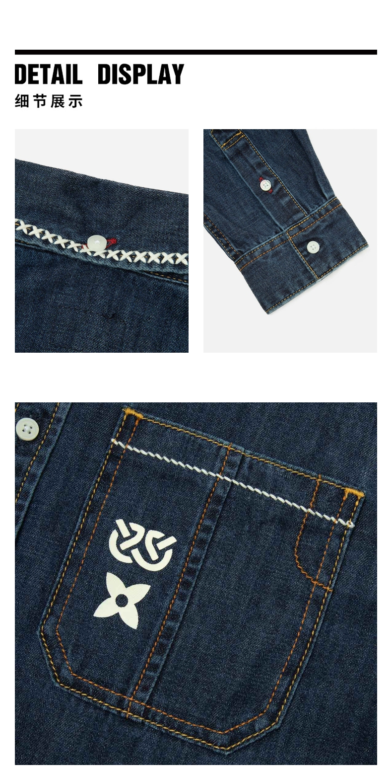 Джинсовая рубашка evisu 福神 男士手扫大m印花休闲覆古牛仔衬衫外套