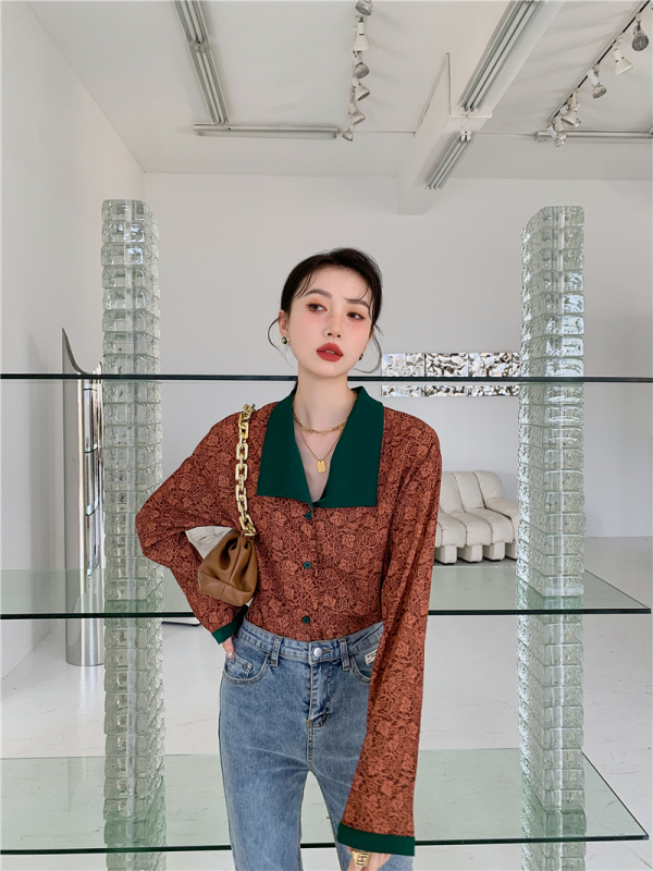 80S Hong Kong Style Women's Clothing Retro Color-Blocking Lapel Long-Sleeve Vintage Floral Shirt Women's Spring and Summer Top