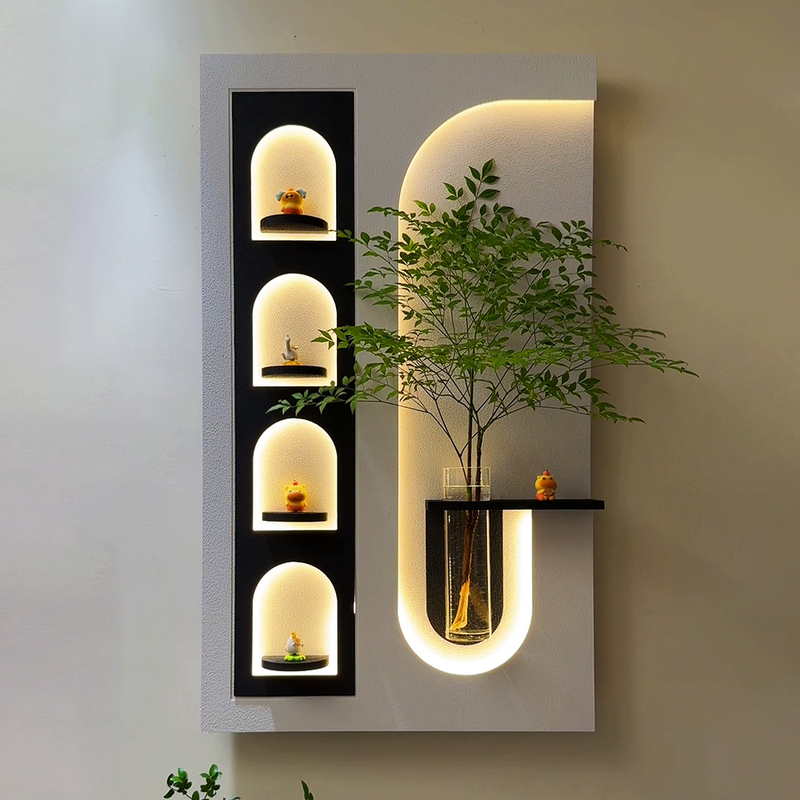 There Is a Small Home with a Water-Grown Green Plant Decoration Painting at the Entrance, an Antique-Style Shelf with Hanging Paintings, a Three-Dimensional Sandstone Light Painting