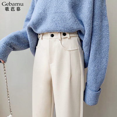【歌芭慕】2019新款高腰休闲宽松毛呢裤