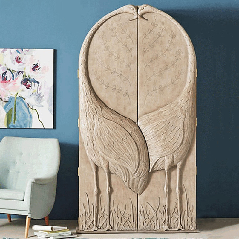 American light lavish wardrobe decorated cabinet embossed crane bird two doors lockers French style retro animal pattern sculpted closet-Taobao