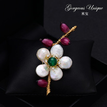Classical light luxury high-grade natural shaped pearl brooch coat three-dimensional colored glazed flower bud corsage shawl buckle pin