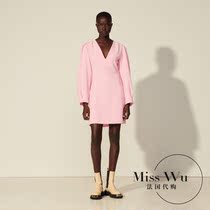 Sandro Farpa2021 summer new youth sweet V-neck pleated bubble sleeve wide loose waist dress