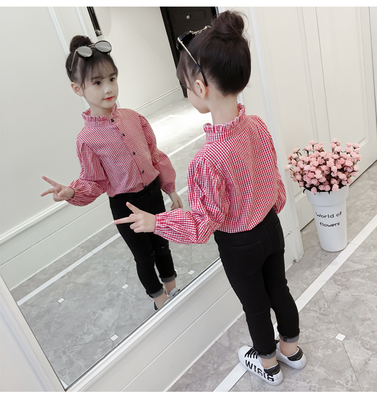 Áo sơ mi nữ tay dài cotton trong cổ áo ren trẻ em 2018 Quần áo trẻ em mùa thu Quần áo kẻ sọc nước ngoài trẻ em áo sơ mi bé gái 10 tuổi