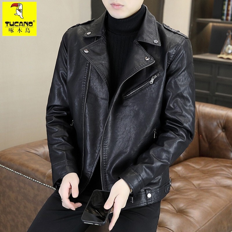 Woodpecker Boutique High-End Men's Diagonal Zipper Genuine Leather Jacket Spring and Autumn New Haining Sheepskin Suit Collar Jacket