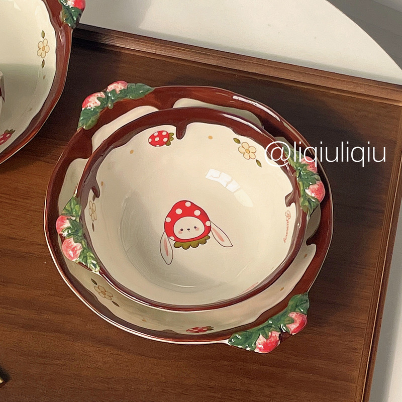Korean Retro Strawberry Rabbit Ceramic Mug Rice Bowl Soup Noodle Salad Bowl Dish Deep Plate Underglaze Tableware