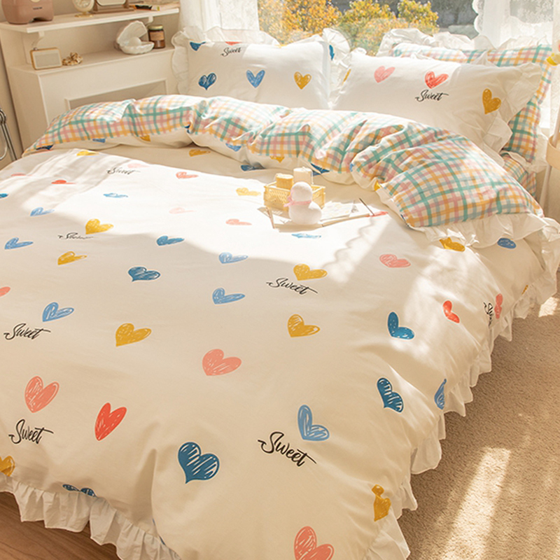 Girl heart bedding four-piece set of pure cotton cotton bed skirt dormitory three-piece set of princess wind Nordic quilt cover sheet