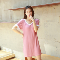 Sleepwear woman Summer new Modale thin Sleeping Skirt Big Code Loose Ice Silk Can Outwear V Collar Short Sleeve Home Dress