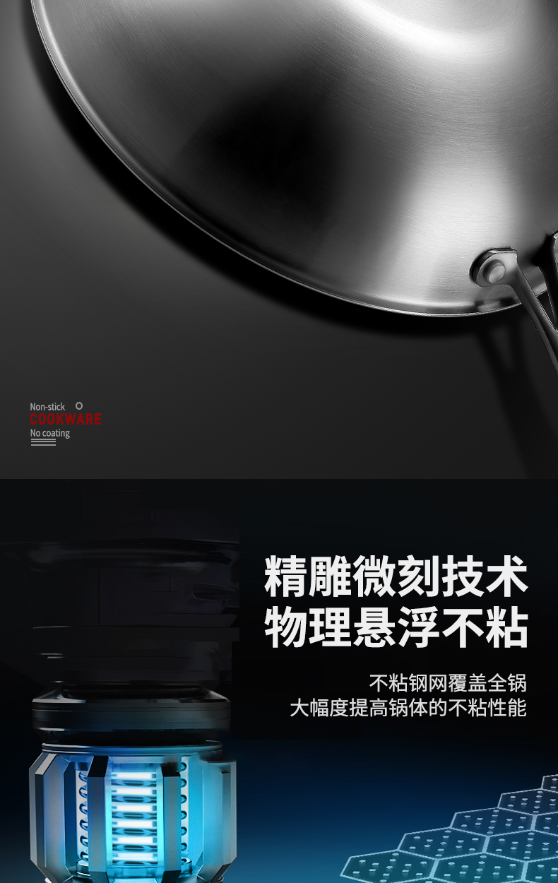 荣事达 全面屏蜂窝304不锈钢不粘炒锅 32cm 图3