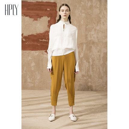 荷比俪2018夏新款女装简洁立领蝙蝠长袖百搭