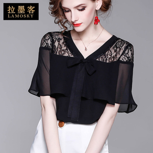 Nước ngoài nữ ngắn tay 2018 mùa hè mới hàng Châu Âu voan ren áo sơ mi nhỏ áo móc hoa rỗng Châu Âu và Mỹ gió thủy triều màu đen