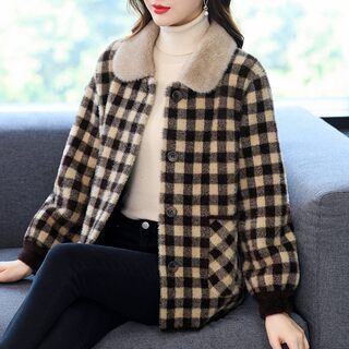 中年妈妈装冬装加厚格子外套2025新款中年女短款洋气仿水貂绒上衣