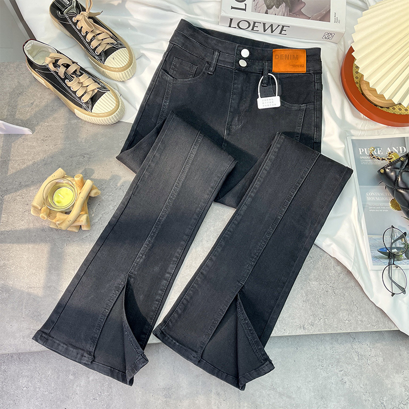 Black Flared Jeans with Slits for Women, 2026 Spring/Summer New Popular Style, High-Waisted, Slimming, for Petite Figures