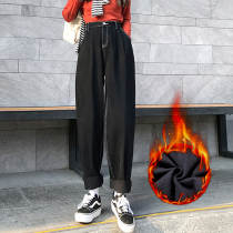 Black plus velvet jeans womens loose autumn and winter 2021 New High waist slim tall straight tube dad radish pants