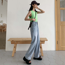 Net red high waist pants women small big leg pants loose thin jeans Women summer light color mop ankle-length pants students