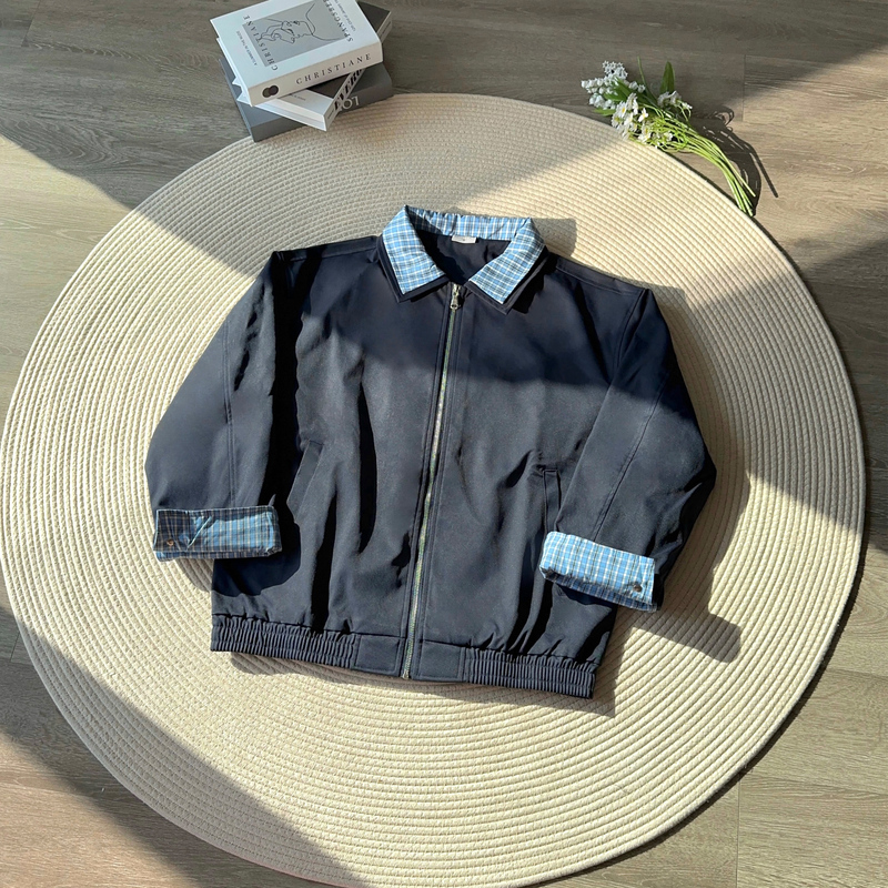 Humilityn Early Autumn Miu Style Fake Two-Piece Harrington Patchwork Plaid Barn Style Couple Jacket for Men Humilityn Early Autumn Miu Style Fake Two-Piece Harrington Patchwork Plaid Barn Style Couple Jacket for Men