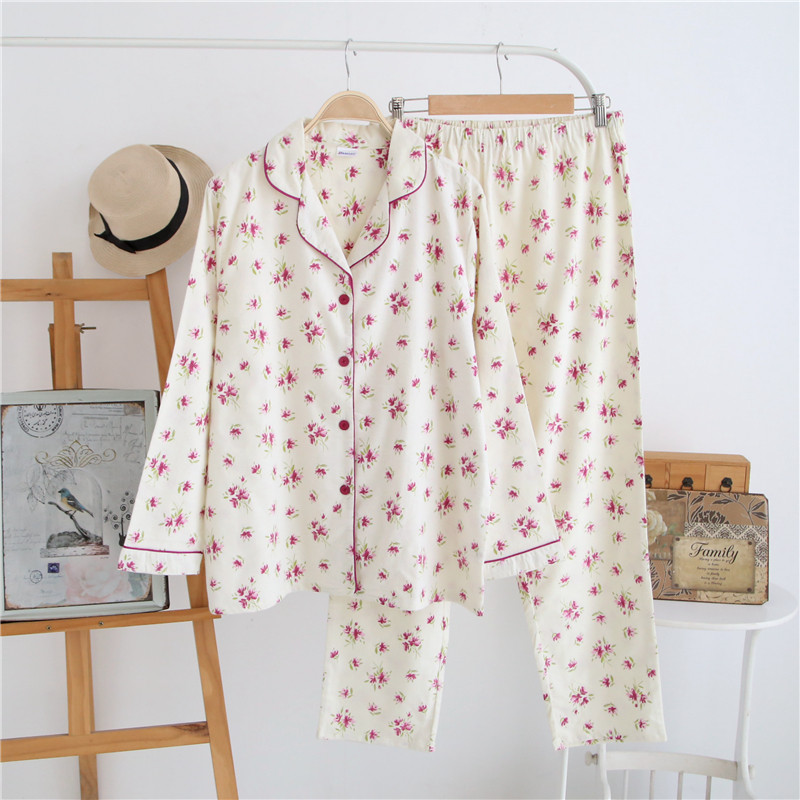 Middle-aged and elderly pure cotton brushed flannel pajamas women increase fertilizer cotton pajamas pants set spring and autumn mother pajamas