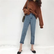 Hồng Kông hương vị retro chic quần mùa thu và mùa đông người mẫu lỏng lẻo quần jean thẳng màu xanh đậm là eo mỏng chín quần thủy triều