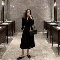 Đầm suông retro gió lạnh váy đen nữ tay dài đầm nữ mùa thu 2018 mới 	váy body xoắn eo