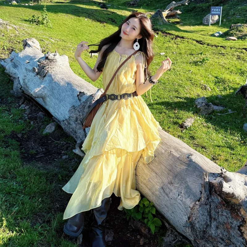 Yunnan Xinjiang Grassland Travel Outfit Vacation Style Yellow Dress Women's Summer Irregular Design Long Dress Yunnan Xinjiang Grassland Travel Outfit Vacation Style Yellow Dress Women's Summer Irregular Design Long Dress