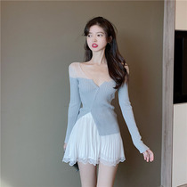 2021 early autumn new off-shoulder V-neck knitwear women Spring and Autumn slim cardigan mesh stitching long sleeve top