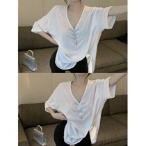 Loose Blouses Design Sensation Womans Summer Bamboo Festival Hemp Cotton Comfort V Collar Radians Hem White Short Sleeve T-shirt