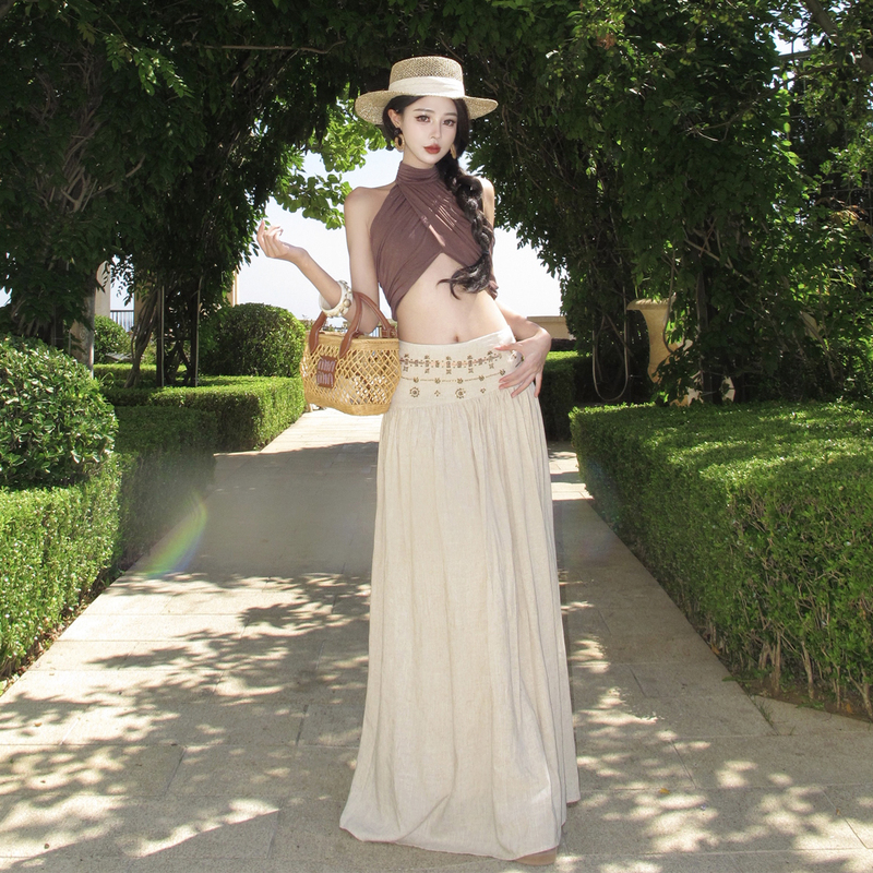 Southern French Vacation Outfit: Sexy Backless Halter Top, Off-White Low-Waist Skirt, Beach Two-Piece Set