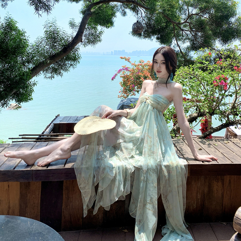 Beautiful Green Printed Tube Top Dress for Women on the Beach Vacation, Summer Sexy Backless Asymmetrical Chiffon Elegant Long Dress