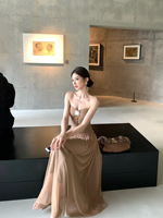 French light luxury and high-end brown tube top dress, feminine waist, holiday style long skirt, beautiful birthday dress