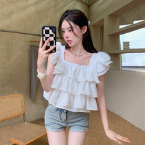 Sweetness Temperament White Lotus Leaf Side Flying Sleeveless Blouse Blouse Design Sensation Female Crowdback Strap Square Collar Cake Lining
