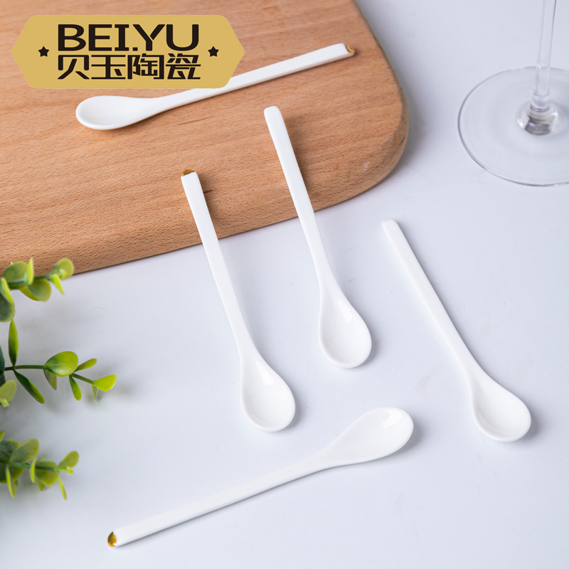 Beyu Pure White Children Eat Small Spoon Cute Long Handle Ceramic Coffee Spoon European-style Coffee Spoon Seasoning Stirring Spoon