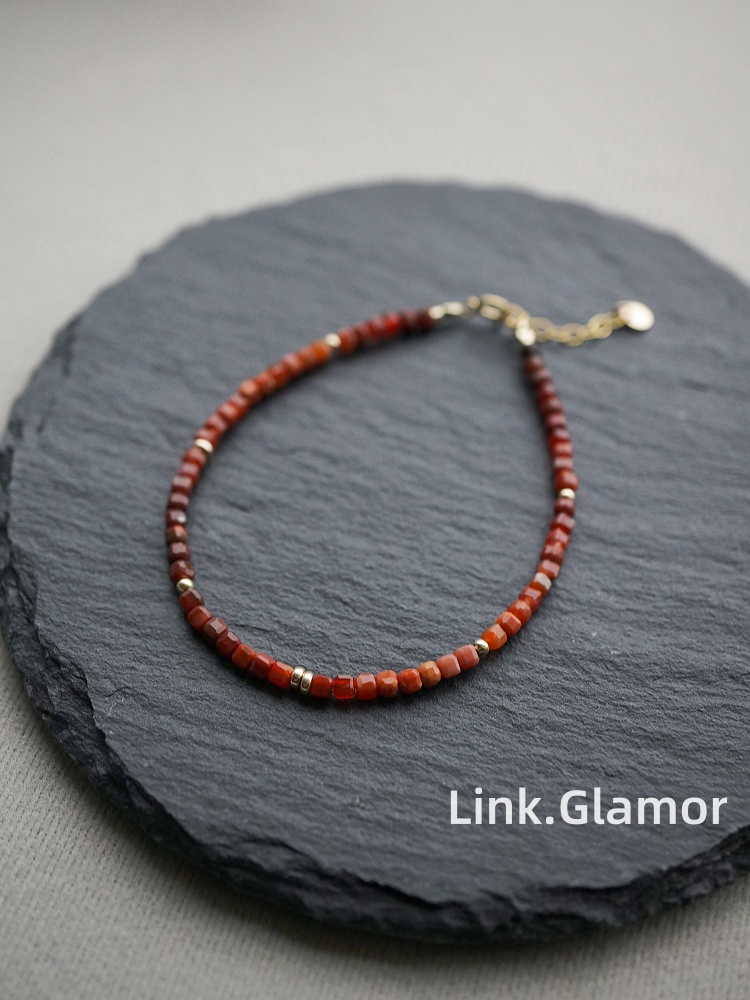 天然サウスレッドアゲートブレスレット リンクグラマーライトラグジュアリーニッチブレスレットギフト 14Kゴールドレッドアゲートブレスレット