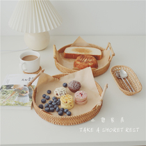 Rattan basket Woven Swing Pat props bread tray Artisanal Binaural Snack Tray Bamboo round containing fruit tray