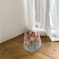 South Korea Ins with Teenage Girl Hearts Hand-painted Tulip Flowers Glass Cups Breakfast Milk Juice Coffee Cup