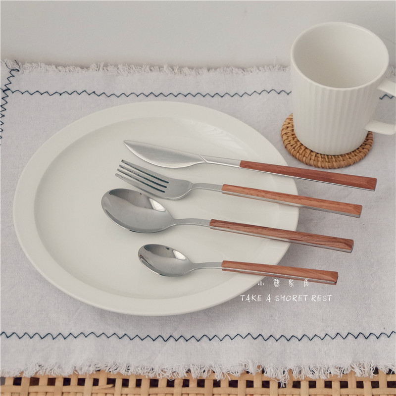 Korean style 304 stainless steel ins imitation wooden handle fork spoon set main meal fork main meal spoon Nordic style dessert spoon Korean version