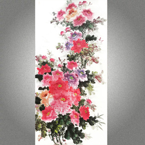 Pure hand-painted authentic peony painting traditional Chinese painting flower and bird painting four feet vertical freehand peony flower blossom rich W1703