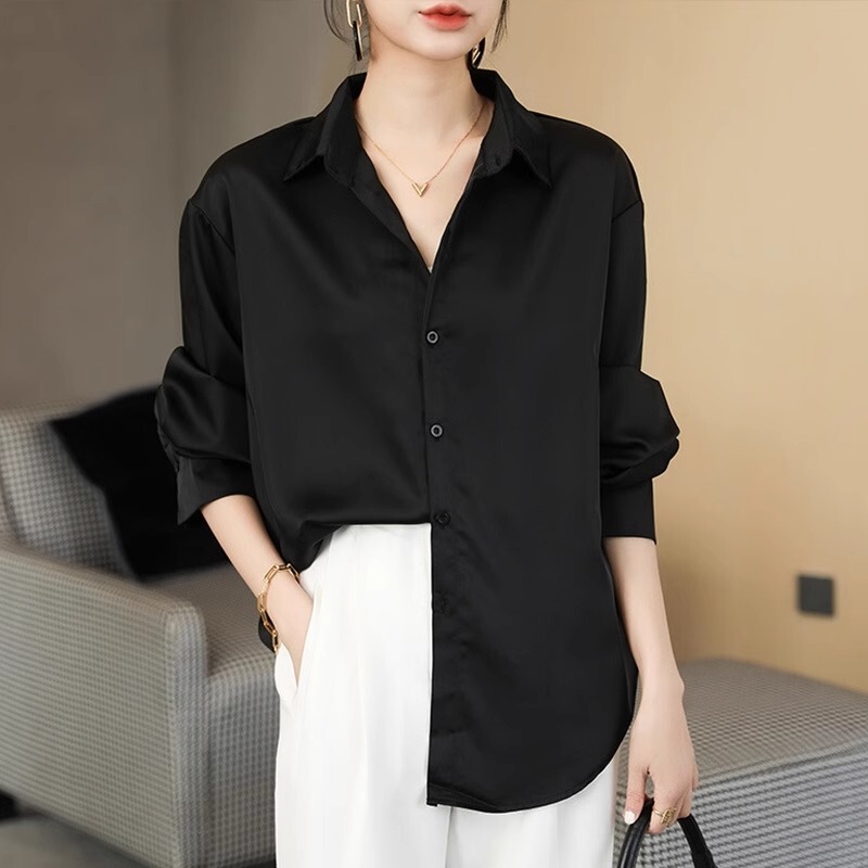 Acetate Black Shirt for Women 2025 New Summer Drapey Top with a High-End, Luxurious Satin Feel Acetate Black Shirt for Women 2025 New Summer Drapey Top with a High-End, Luxurious Satin Feel