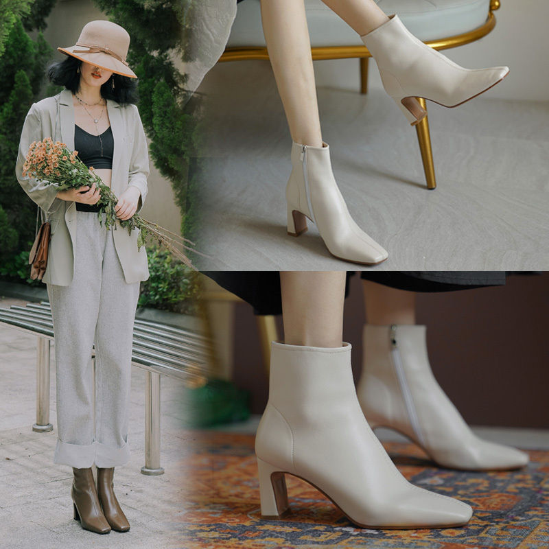 White Short Boots for Women, Chunky Heel, Square Toe, Beige Slim Boots, Women's 2025 New Autumn Sheepskin French Ankle Boots, High Heel