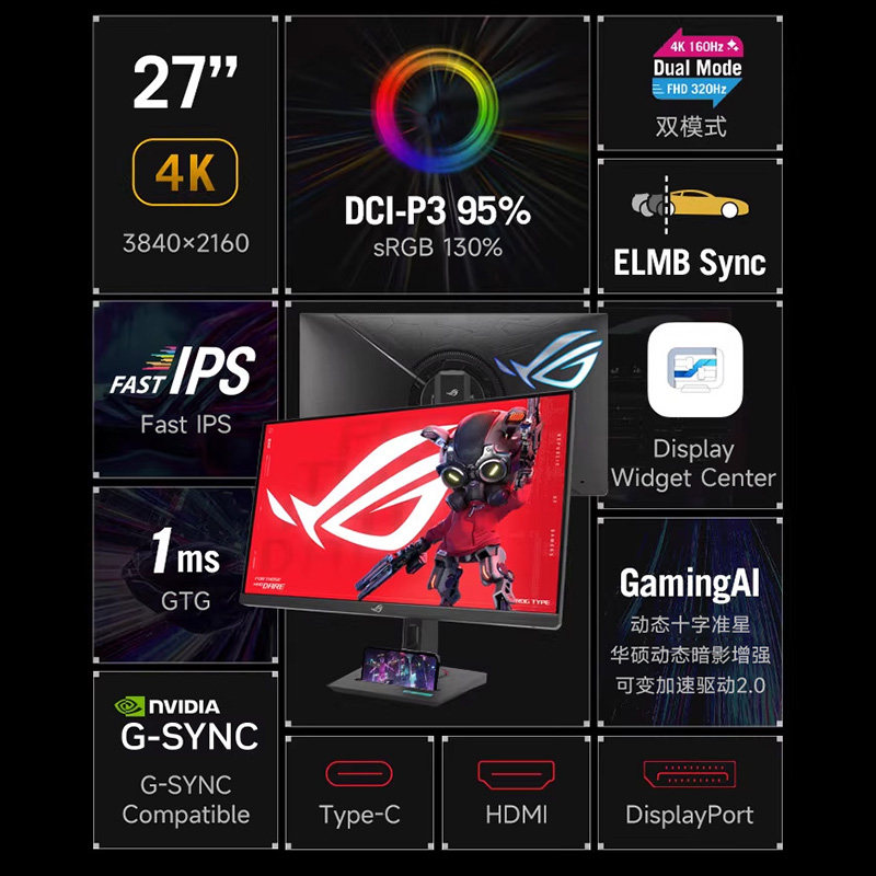 Asus Rog Dual Mode Xg27Ucg Ultimate 27-Inch 4K160Hz High Refresh Rate Desktop Computer Monitor Xg27Ucs