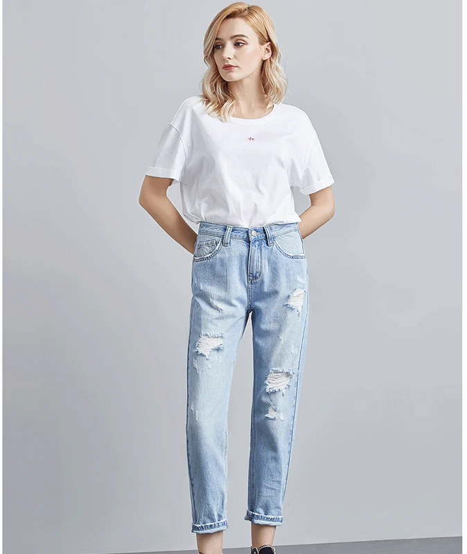 BS2B / Little Devil Fish Ripped Jeans Nữ Củ cải Chín Quần Mới Đường rách rách Quần Quần Nữ Thủy triều - Quần jean