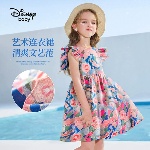 Дисней, летняя юбка, летняя одежда, свежее платье без рукавов, цветочный принт, в западном стиле, короткий рукав