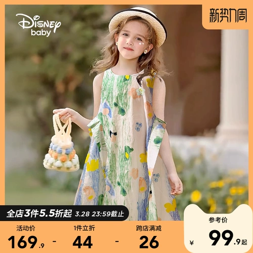 Дисней, летняя юбка, летняя одежда, свежее платье без рукавов, цветочный принт, в западном стиле, короткий рукав