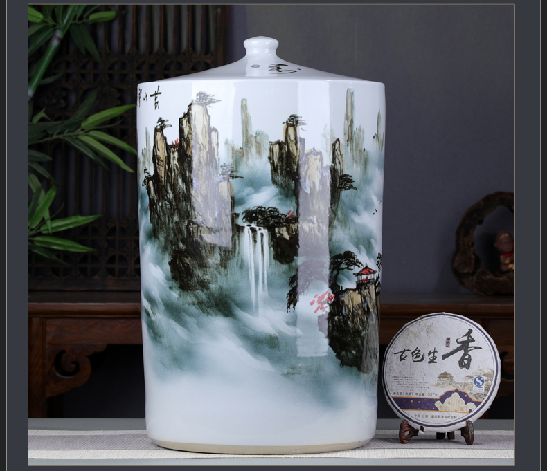 Hand - made scenery pu 'er tea pot large tea extra - large ceramic cylinder storage jar tea heavy barrels of tea cake tin