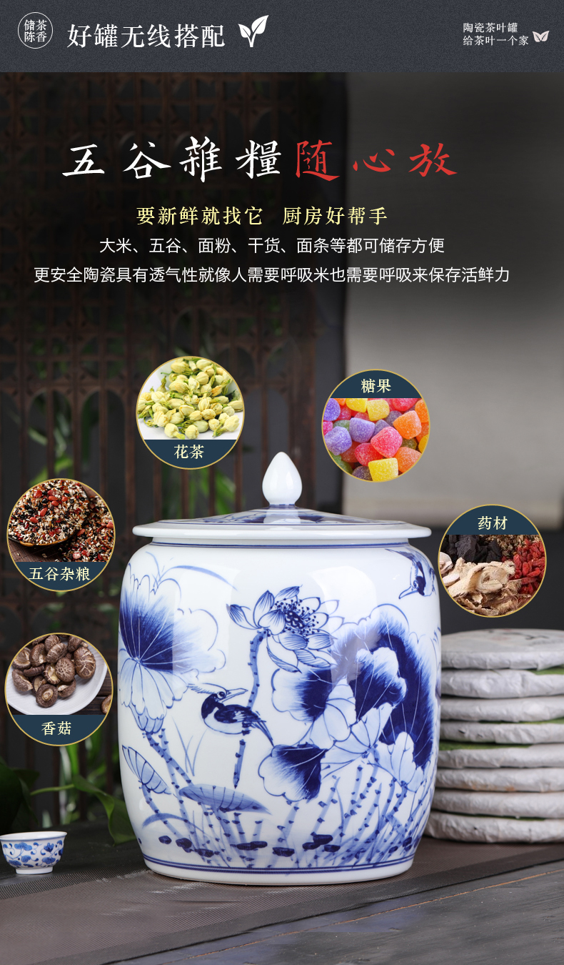 Jingdezhen blue and white porcelain hand - made lotus caddy fixings large household ceramic tea urn storage tanks with cover puer tea cake