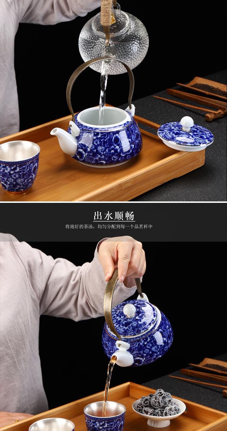 Recreational product is blue and white porcelain household ceramics coppering. As sterling silver 999 girder pot of tea cup teapot suits for bamboo tea tray tea set