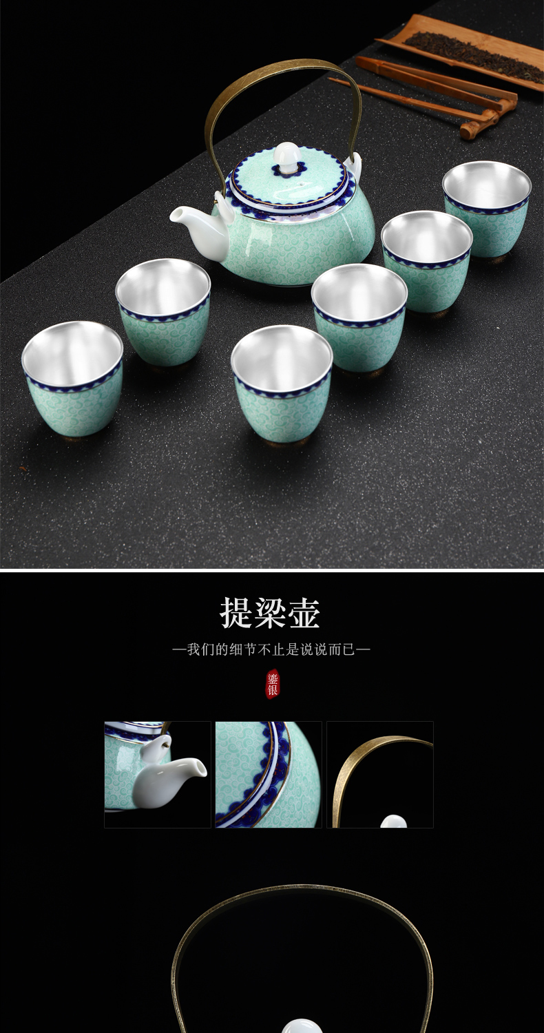 Recreational product is blue and white porcelain household ceramics coppering. As sterling silver 999 girder pot of tea cup teapot suits for bamboo tea tray tea set