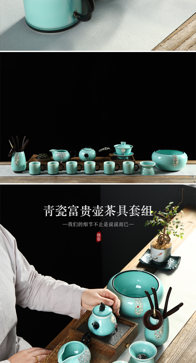 Recreation items with silver agate embedded ceramic tea set suit household kung fu tea sets the whole Chinese tea cups