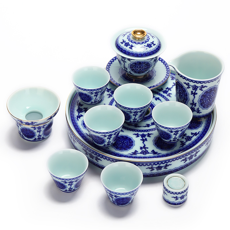 Recreational product set of 12 first 10 inch plate of a complete set of kung fu tea set household ceramics restoring ancient ways of blue and white porcelain cup teapot