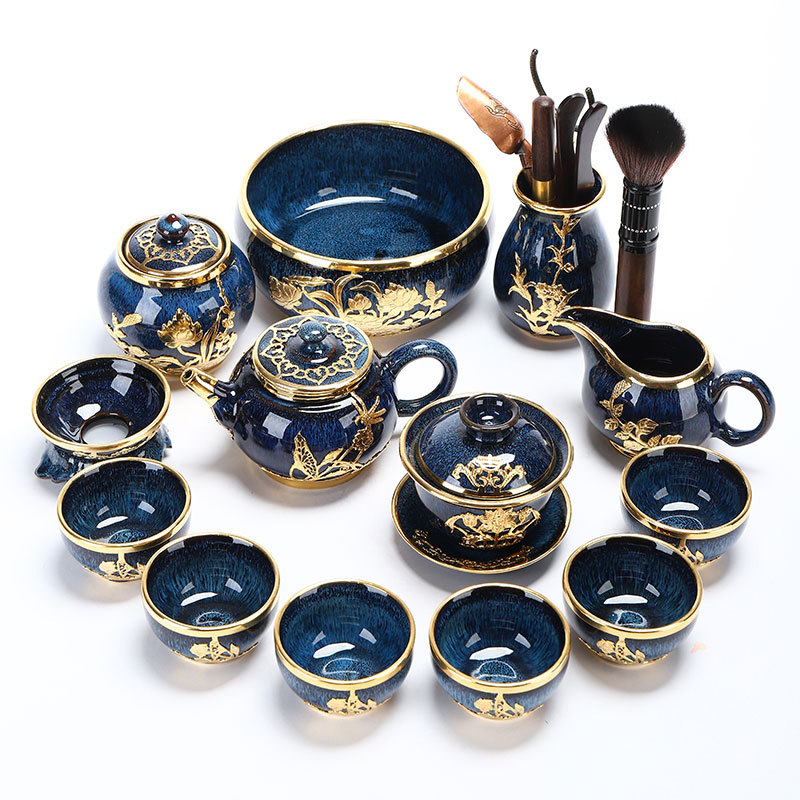 Kanglepin Gold-Inlaid Jade Jianzhan Tea Cup Set Complete with Obsidian Teapot for Home Use, Jingdezhen Porcelain for Living Room, Business Gift